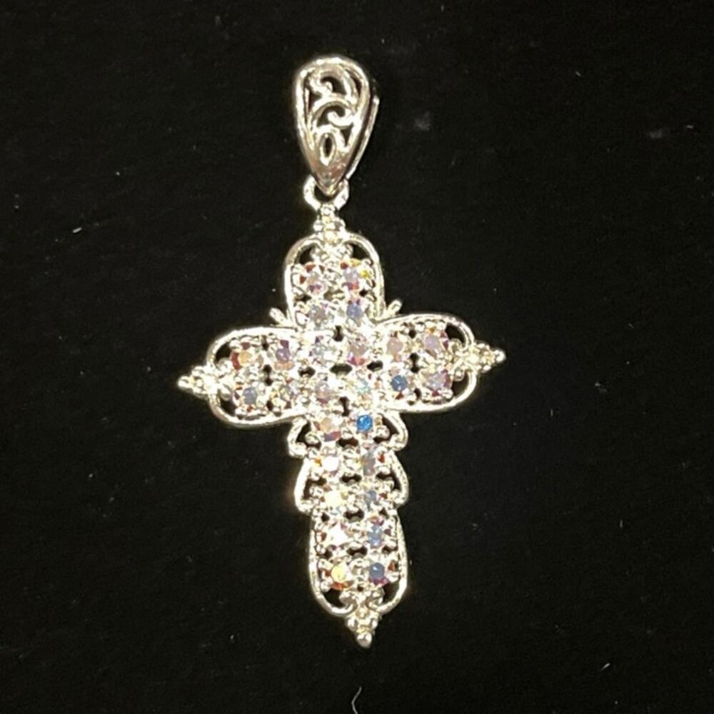 Sterling Silver Cross Religious Christian Pendant Crafted w/‎ Swarovski Crystals